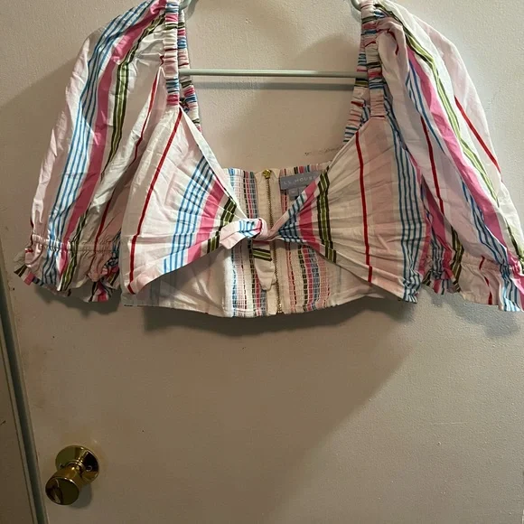 Hill House Pink and Blue Striped Crop Top with Tie Front - Picture 2 of 7